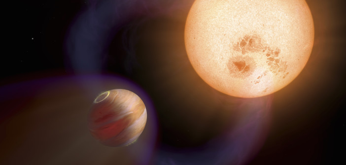 Artist’s impression of a hot Jupiter preceded by a bow shock, as it orbits its host star supersonically. Scientists have recently discovered evidence of a shock ahead of the exoplanet HD 189733b. [NASA, ESA and A. Schaller (for STScI)]