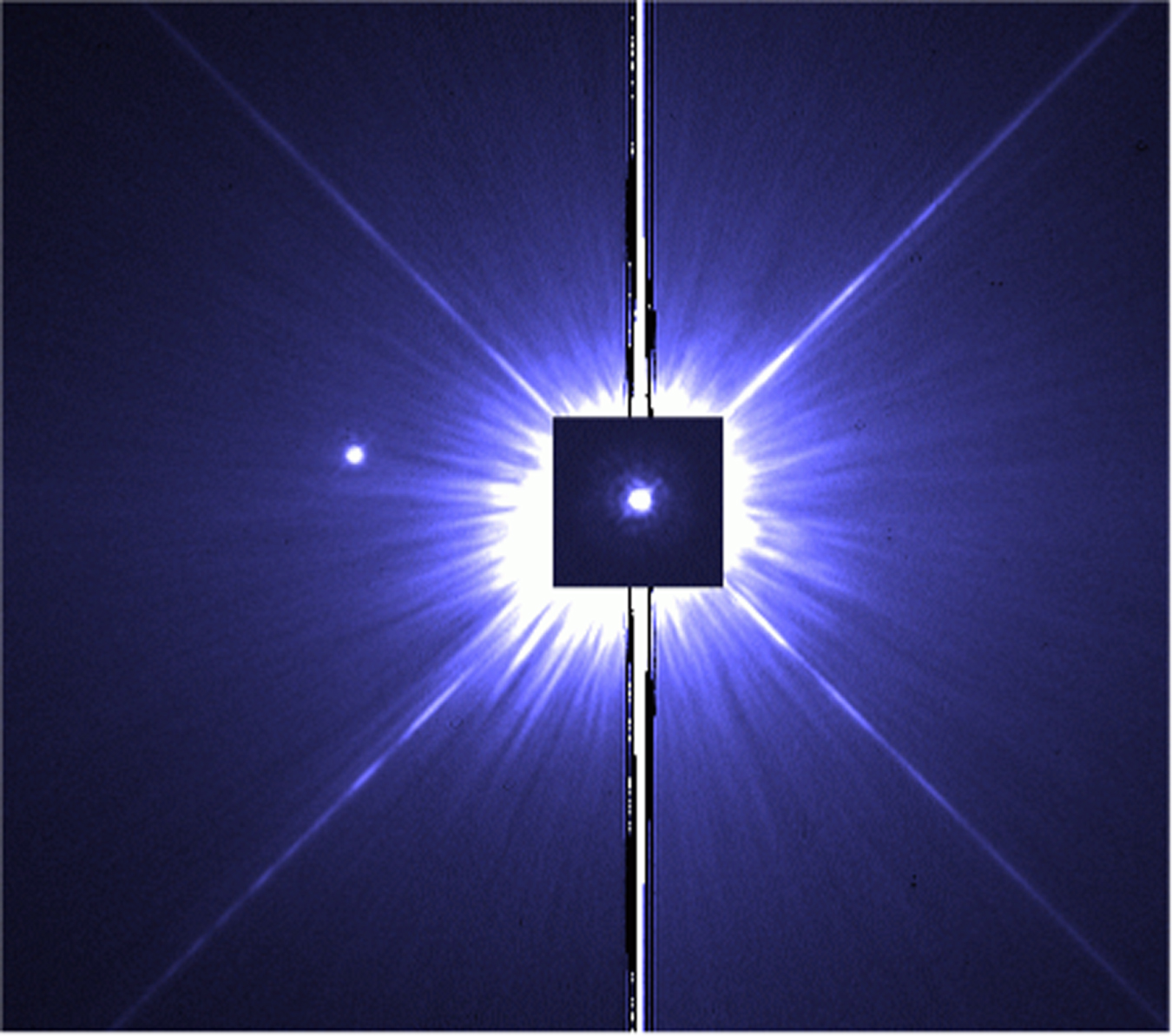 In this false-color, near-UV Hubble image, a 0.14-s exposure of Procyon A is superposed on a 100-s exposure of Procyon B (in which Procyon A is saturated). The subgiant and white dwarf orbit each other with a maximum angular separation of less than 5”, creating a distinct challenge for astronomers to observe. [Bond et al. 2015]