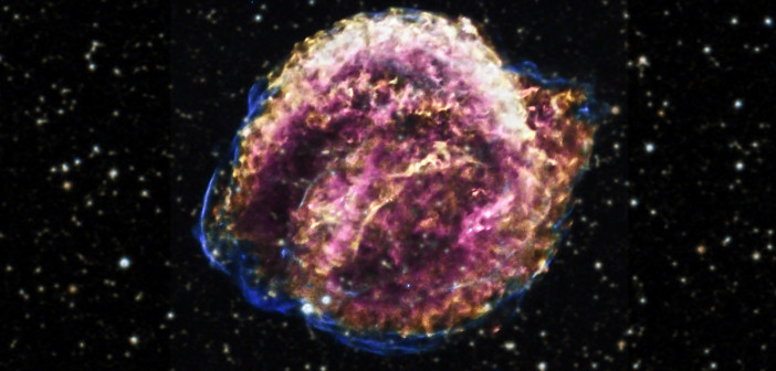 Kepler’s supernova remnant, shown here in a combination of X-ray and optical wavelengths, is a remnant from a Type Ia supernova. Such supernovae are used to measure cosmological distances. [X-ray: NASA/CXC/SAO/D.Patnaude, Optical: DSS]