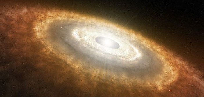 Artist’s illustration of a protoplanetary disk. The chemistry of a protoplanetary disk determines what molecules are incorporated into a newly forming planet’s atmosphere. [ESO/L. Calçada]