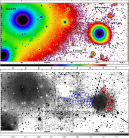 This enlarged view of NGC 1399 and 1387 in the g band (top) and g–i band (bottom) gives a better view of the faint stellar stream connecting the two galaxies. [Iodice et al. 2016]