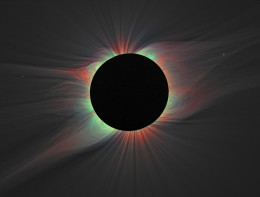 Solar corona during a 2008 eclipse, with color overlay indicating emission from highly ionized iron lines. [Habbal et al. 2010]