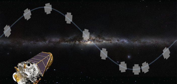 illustration of a spacecraft in front of the milky way, with multiple patches identified along a sinusoidal curve.