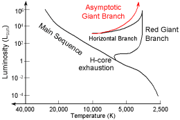 Figure 1: An HR Diagram showing the main sequence, red giant branch, horizontal branch, and asymptotic giant branch. The horizontal axis indicates the temperature, while the vertical axis indicates the luminosity. [http://www.astronomy.ohio-state.edu/~pogge/]