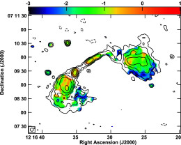 A spectral image map between the 325 and 620 MHz GMRT observations. There’s no signature of compact hot-spot structures in the outer lobes, indicating that the supply of jet material to the outer lobes stopped long ago. [Adapted from Singh et al. 2016]