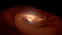 illustration of dust and gas swirling around a bright, newly forming star.