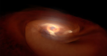 illustration of dust and gas swirling around a bright, newly forming star.