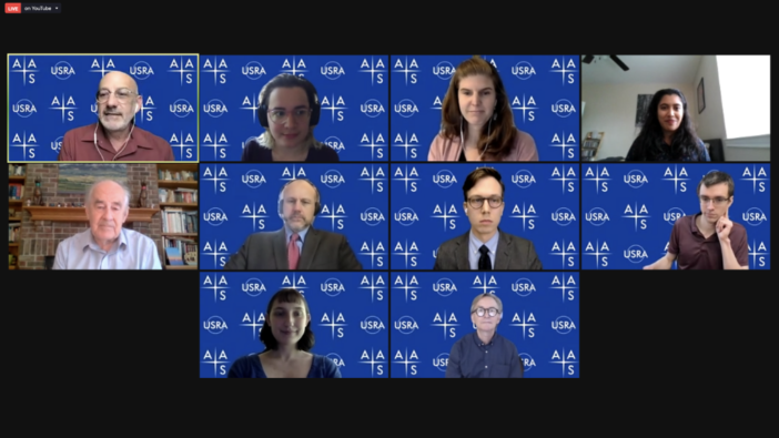 A zoom call with 10 people on, including the 4 AAS press organizers and the 6 speakers.
