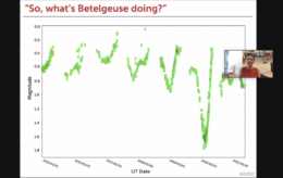 Slide titled "So, what's Betelgeuse doing?" showing the light curve of Betelgeuse. Betelgeuse typically varies between 0.8 and 0 magnitudes, but in late 2019 the brightness dipped down to 1.8 magnitudes before recovering to "normal" brightness in early 2020.