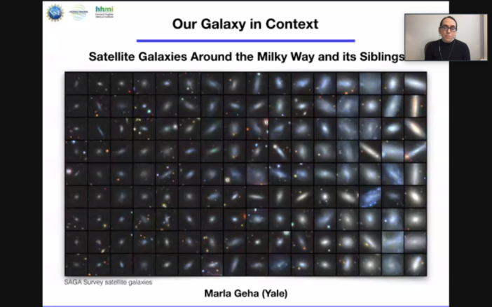 Screenshot of slide titled "Our Galaxy in Context: Satellite Galaxies Around the Milky Way and its Siblings." Logos in the top left corner include the NSF logo and the Howard Hughes Medical Institute logo. Inset in top right shows the speaker's Zoom camera. A large image takes up most of the slide, showing 144 thumbnail images of low-mass satellite galaxies (they mostly look like blurry blue blobs). Image credit in the bottom left corner reads "SAGA Survey satellite galaxies," and text at the bottom of the slide reads "Marla Geha (Yale)."
