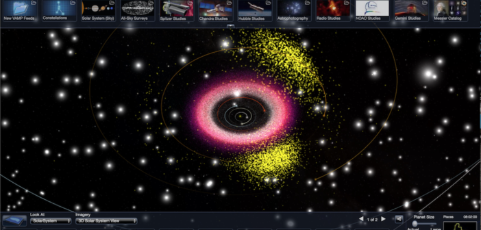 Screenshot of the user interface for WWT shows clusters of objects plotted against a sky background.