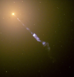 Photograph of a long, narrow jet emitted from a bright source.