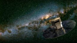 Illustration of the Gaia spacecraft in front of the Milky Way
