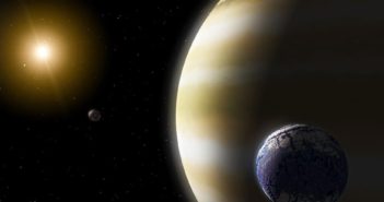 Illustration of a rocky body next to a gas giant planet, with a distant star and another small body in the background.