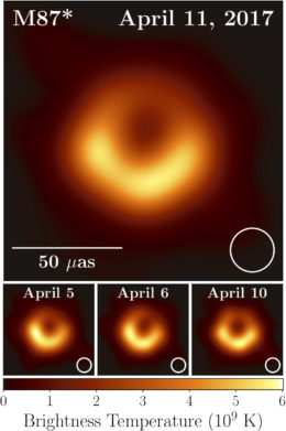 Four photos of a bright ring of emission around a black hole's shadow.