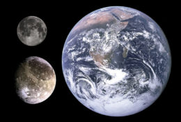 size comparison showing three bodies: Ganymede, the Earth, and the Moon.