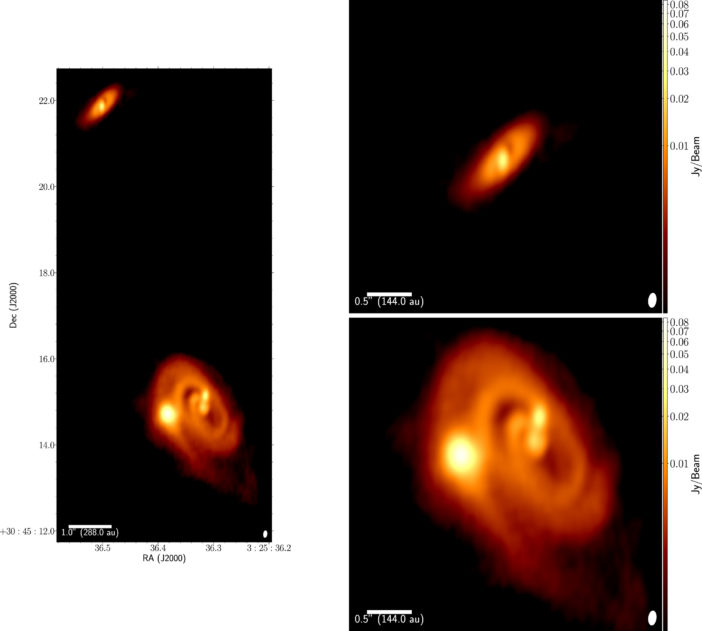 ALMA image of a triple star system with a wide companion, each surrounded by a disk.