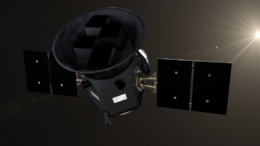 Illustration of the TESS satellite in front of the distant Sun.
