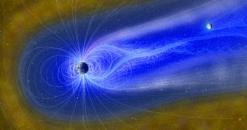 Illustration of magnetic field lines extending in a tail beyond the earth. the moon lies within the region shielded by the magnetic field.