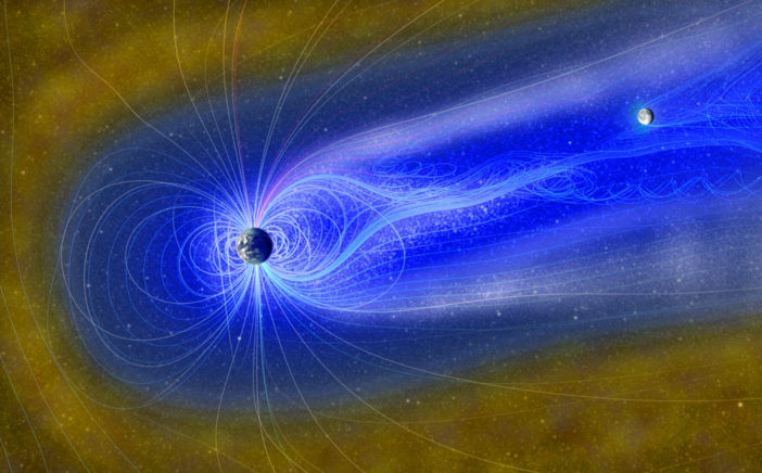 Illustration of magnetic field lines extending in a tail beyond the earth. the moon lies within the region shielded by the magnetic field.