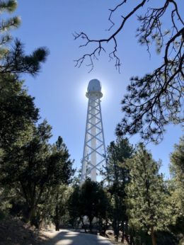 photograph of a tall tower with a telescope dome at the top, surrounded by pine trees