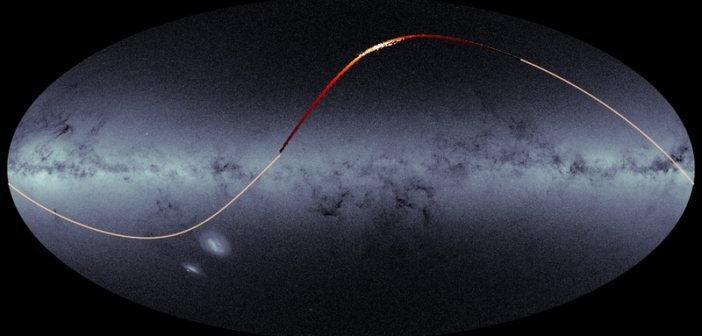 image showing a map of the Milky Way from Gaia data, with an overlaid sinusoidal stream of stars.