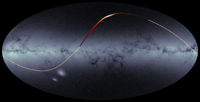 image showing a map of the Milky Way from Gaia data, with an overlaid sinusoidal stream of stars.