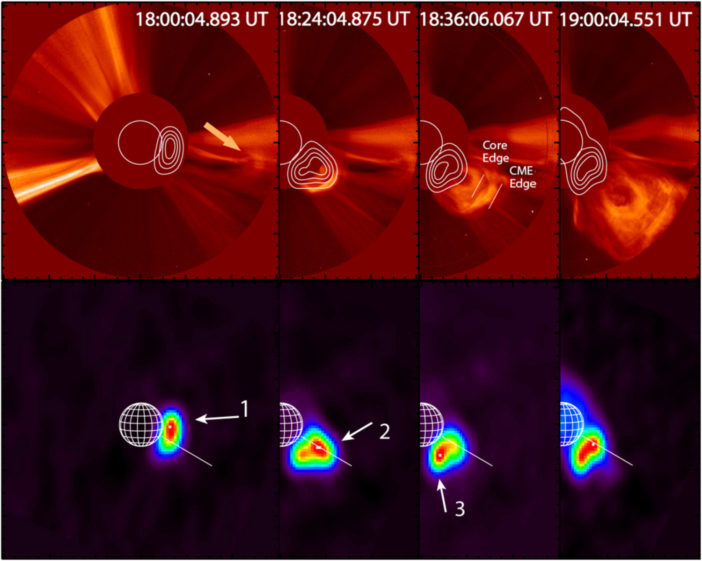 8 panel plot showing 4 stages of eruption in both white light and radio light.