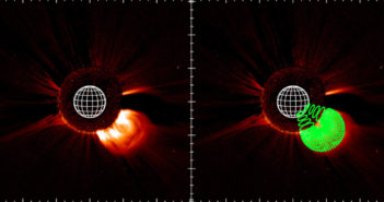 Two plots, one with a wireframe model overlaid, show a white-light image of a coronal mass ejection erupting from the sun.
