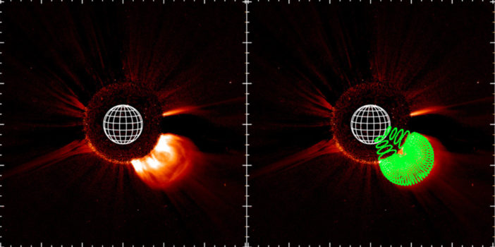 Two plots, one with a wireframe model overlaid, show a white-light image of a coronal mass ejection erupting from the sun.