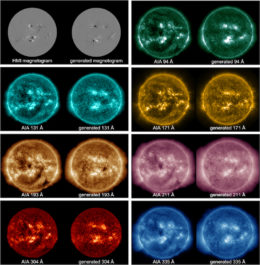 eight-frame set of pairs of observations showing real vs. mock images of the sun.
