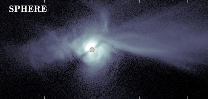 Direct image of a bright, blue swirl of material forming a spiral disk with long streamers.