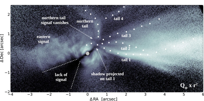 annotated version of the cover image marks the shadowed region and tails of dust.