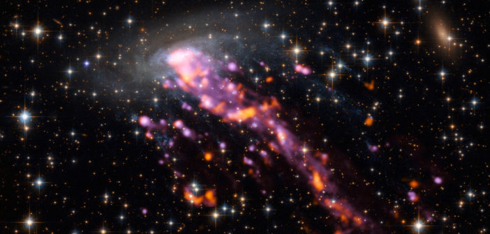 Image of a galaxy with a long, streaming tail stretched out behind it.
