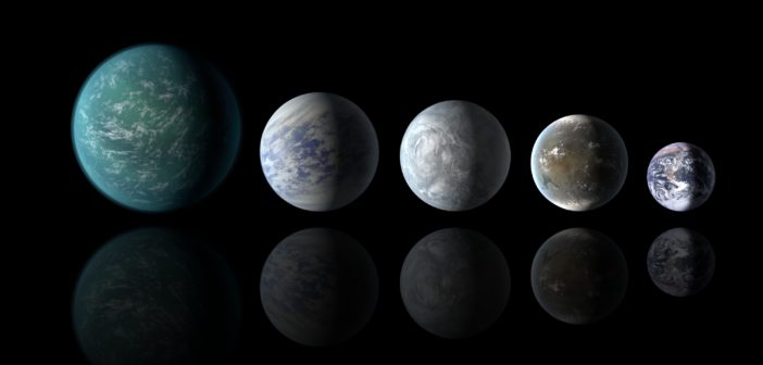 Lineup of five planets, including Earth, showing relative sizes of some known habitable-zone planets.
