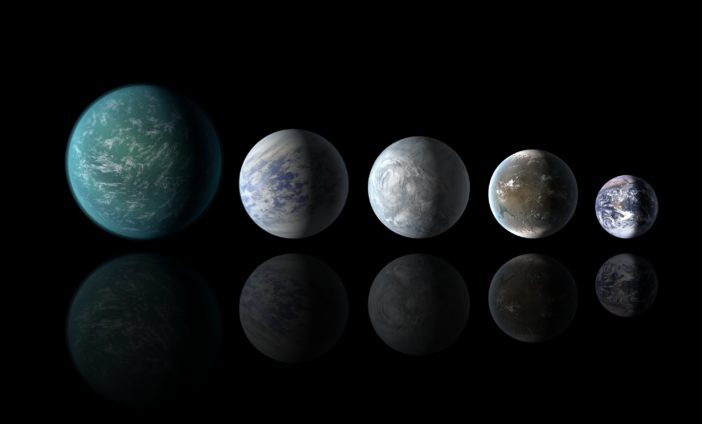 Lineup of five planets, including Earth, showing relative sizes of some known habitable-zone planets.
