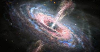 A quasar sits on a sparse background of distant stars. The black hole is represented by a white circle at the center of a flat, pancake-like cloud of pink and blue dust and clouds. The black hole shoots out white jets and debris towards the upper-right and lower-left.