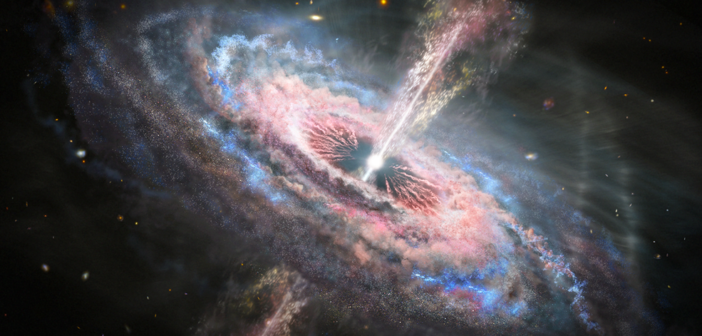 A quasar sits on a sparse background of distant stars. The black hole is represented by a white circle at the center of a flat, pancake-like cloud of pink and blue dust and clouds. The black hole shoots out white jets and debris towards the upper-right and lower-left.
