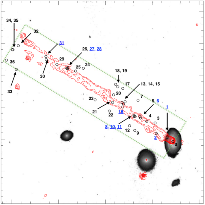 map showing D100 and the locations of 37 other bright sources around it, as well as outlines of the streamer emitted from the galaxy's center.