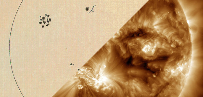 Left: Drawing of a disk representing the sun's surface, with several dark clusters of spots colored in. Right: image of the sun taken at 193 Å.