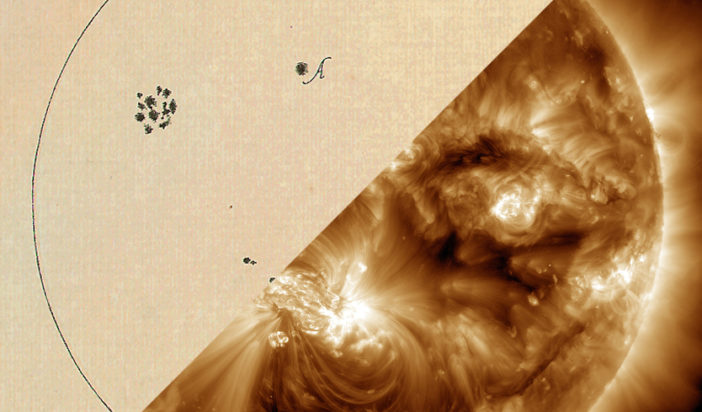 Left: Drawing of a disk representing the sun's surface, with several dark clusters of spots colored in. Right: image of the sun taken at 193 Å.