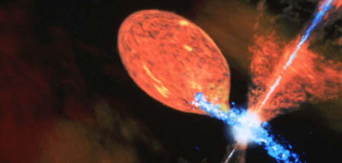 Illustration of a white dwarf surrounded by a disk and emitting jets, siphoning mass off of a large red companion star.