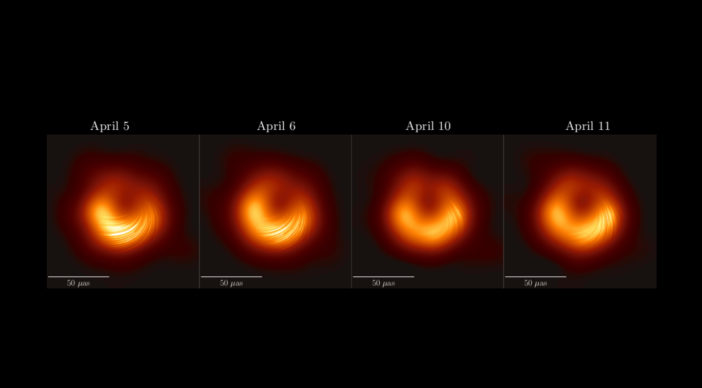 Four images of the event horizon of a black hole, with lines drawn in to show the encircling magnetic fields.