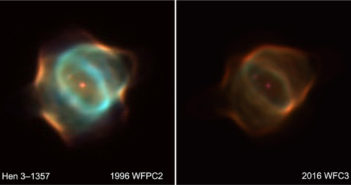 Two photographs of the Stingray Nebula taken in 1996 and 2016. The more recent one shows a much dimmer, less crisp, smaller nebula.