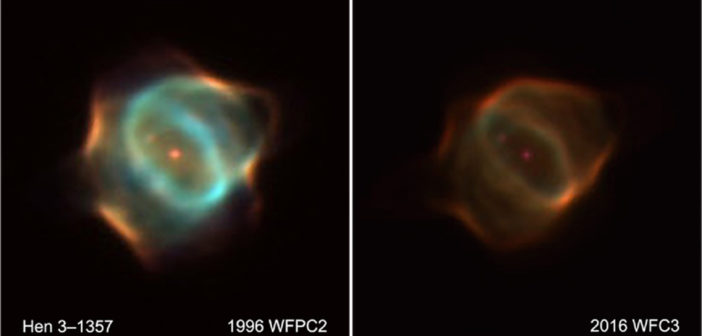 Two photographs of the Stingray Nebula taken in 1996 and 2016. The more recent one shows a much dimmer, less crisp, smaller nebula.