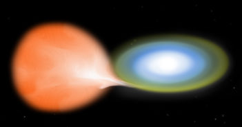 Illustration of a stellar binary in which a compact object surrounded by a disk is siphoning matter off of a large, reddish star.