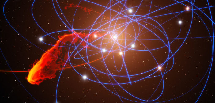 Illustration of stellar orbits around a central point, with a large gas cloud being torn apart in the foreground.