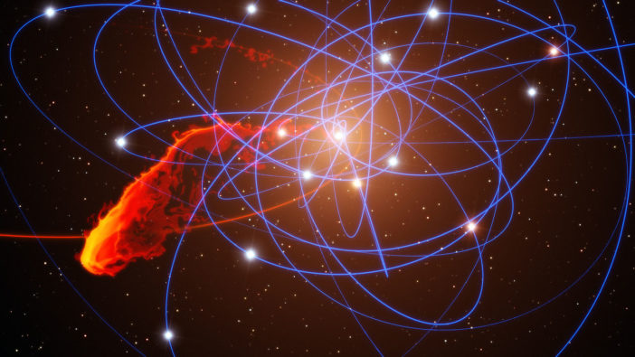 Illustration of stellar orbits around a central point, with a large gas cloud being torn apart in the foreground.