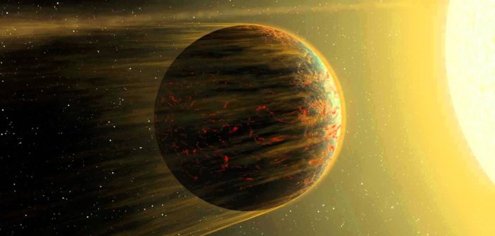 An artist's impression of a rocky exoplanet is seen in the centre of the image, illuminated from the right by a large star. The planet is dark, almost black in colour, however small cracks cover its surface revealing glowing red underneath, as if the planet is made of magma that has cooled in places. The planet's atmosphere appears to be being blasted away from the planet by the star.