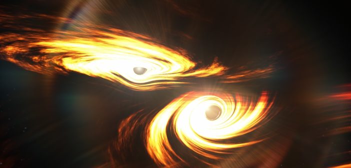 Illustration of two black holes, each surrounded by an accretion disk, merging.